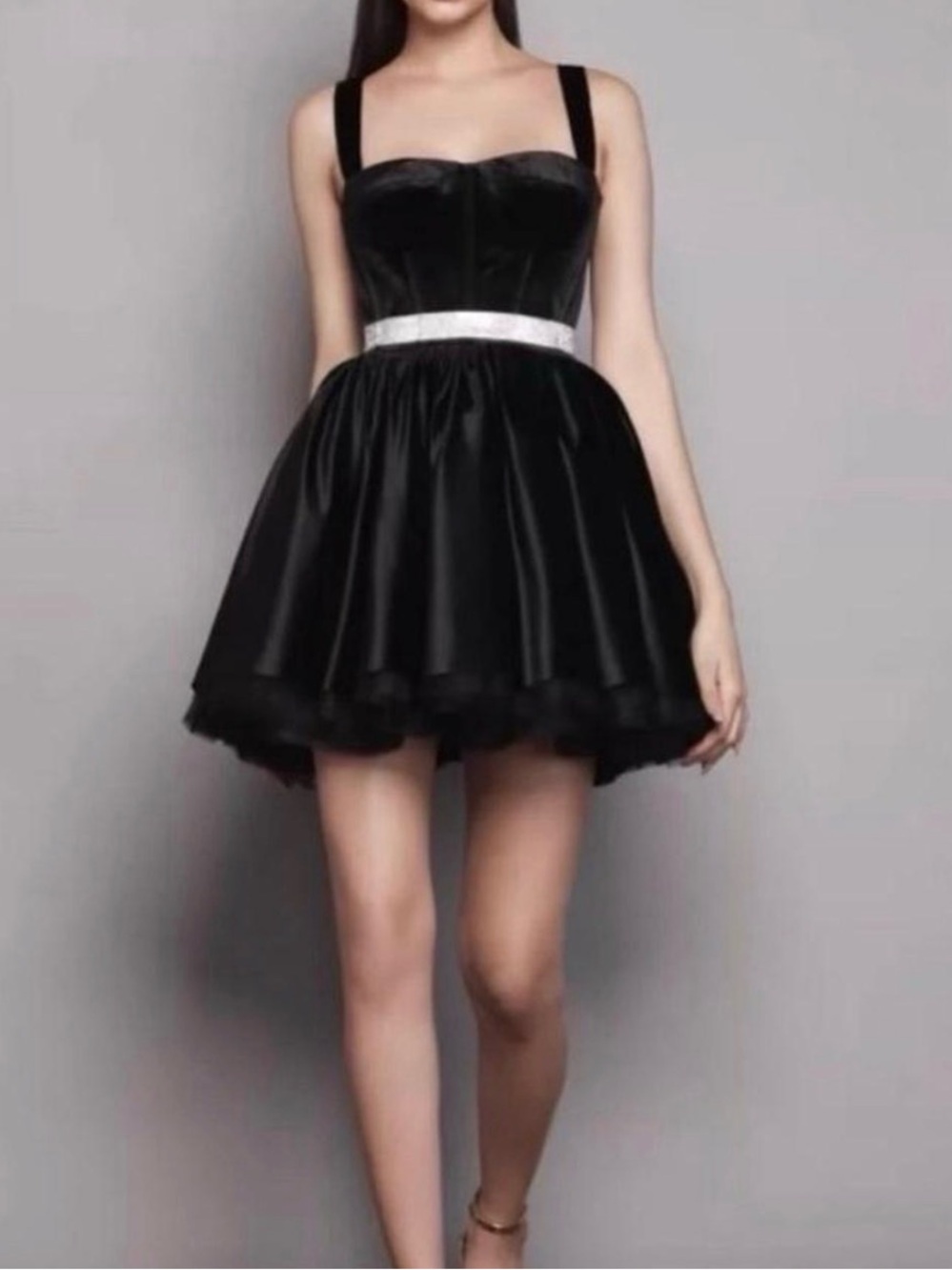 Bronx and Banco Black Satin Bustier Mini Dress with Rhinestone Detachable Belt - Picture 6 of 6